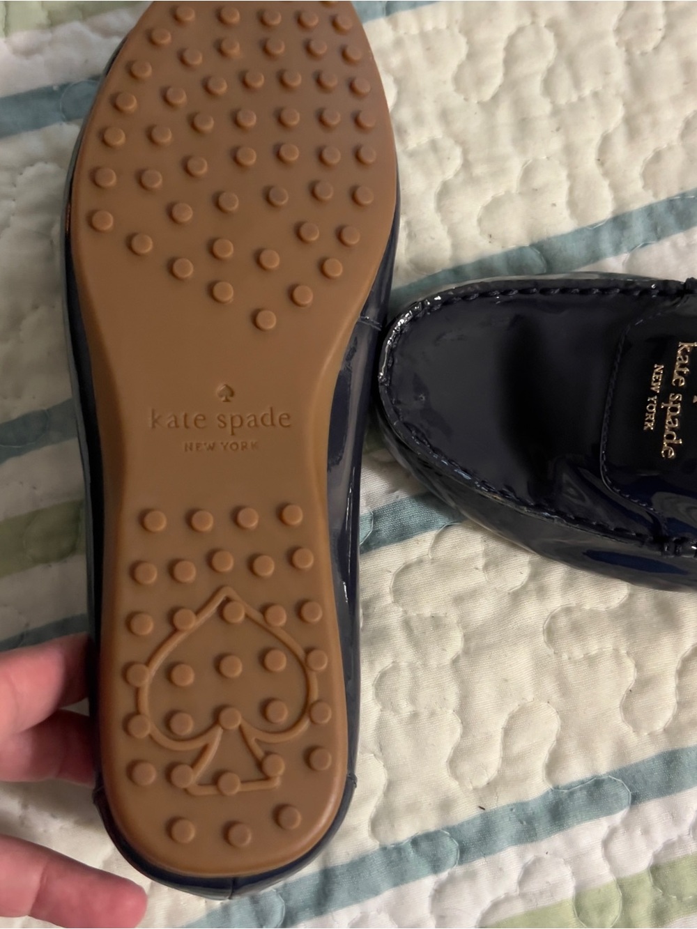 Kate Spade New York Navy Patent Leather Deck Loafers with Gold Logo - Picture 7 of 8